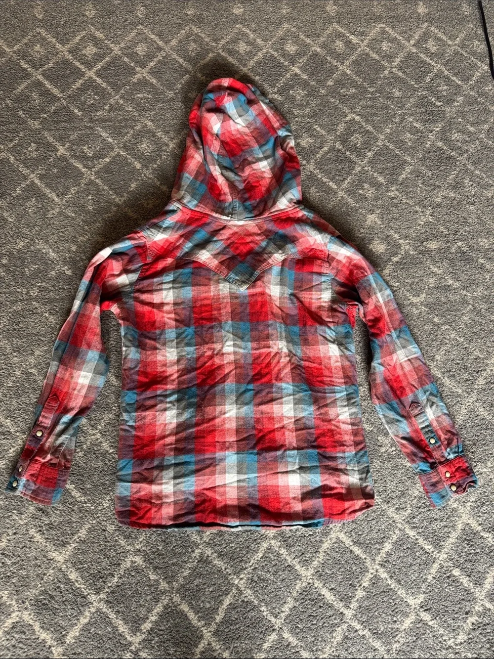 Plaid Hooded Button-Down Shirt Jacket - Red & Blue with Pearl Snaps